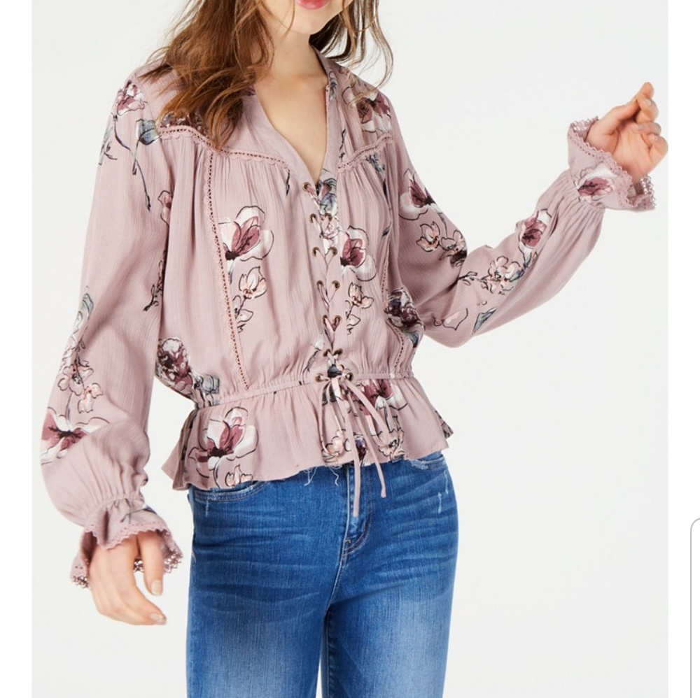 American rag pink floral printed lace up blouse